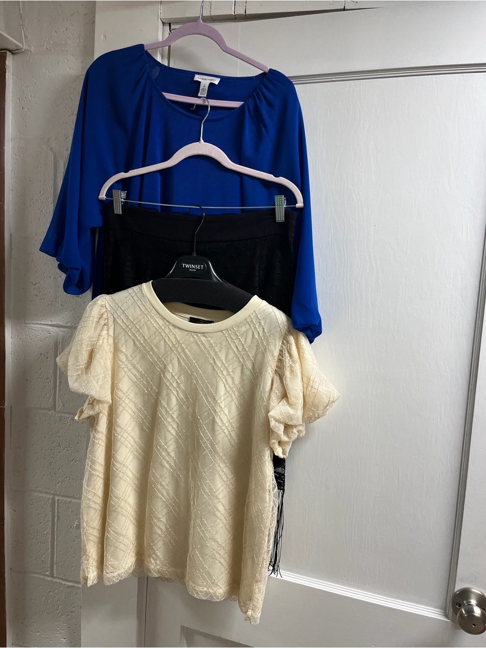 Bundle of 3! Twinset Cream Quilted Top/Blue blouse/ black lace skirt w/fringes